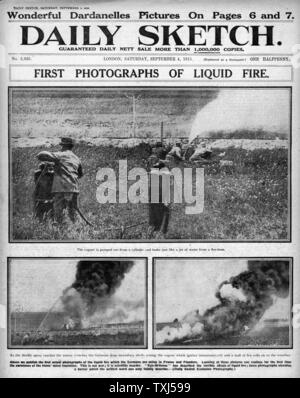 1915 tägliche Skizze vorne Seite Flammenwerfer Erster Weltkrieg Stockfoto