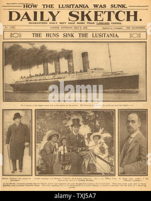 1915 tägliche Skizze vorne Seite Lusitania Stockfoto