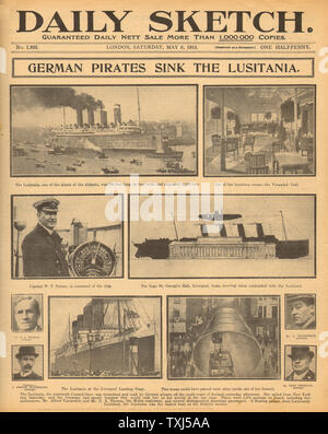 1915 tägliche Skizze Vorderseite Versenkung der Lusitania Stockfoto