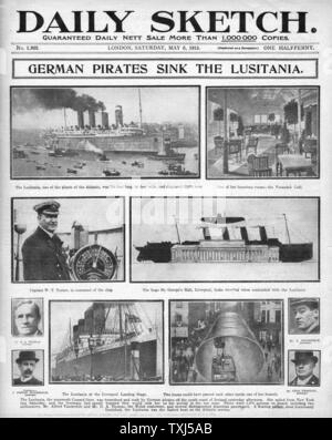 1915 tägliche Skizze Vorderseite Versenkung der Lusitania Stockfoto