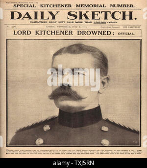 1916 tägliche Skizze 2. Auflage Vorderseite Lord Kitchener ertrunken Stockfoto