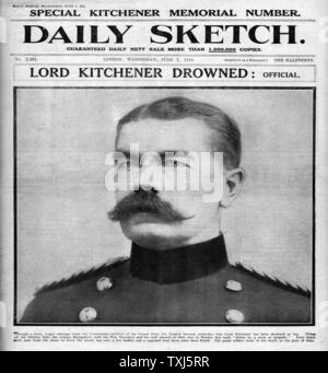 1916 tägliche Skizze 2. Auflage Vorderseite Lord Kitchener ertrunken Stockfoto