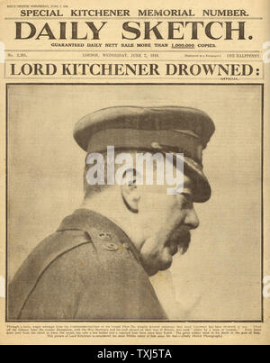 1916 tägliche Skizze vorne Seite Lord Kitchener ertrunken Stockfoto