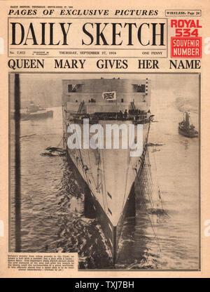 1934 tägliche Skizze Startseite Berichterstattung Einleitung der Queen Mary auf dem Fluss Clyde in Schottland Stockfoto