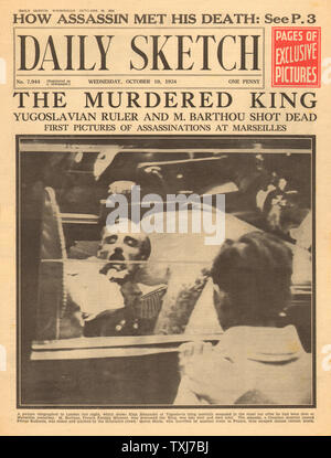 1934 tägliche Skizze Startseite Berichterstattung Ermordung von König von Jugoslawien in Marseille. Stockfoto