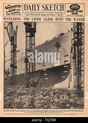 1934 tägliche Skizze zurück Seite reporting Einleitung der Queen Mary auf dem Fluss Clyde in Schottland Stockfoto