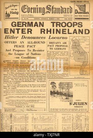 1936 Evening Standard Front Page deutsche Truppen im März in Rheinland Stockfoto