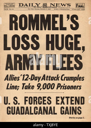 1942 Daily News (New York) Feldmarschall Erwin Rommel und deutschen Armee Rückzug aus Nordafrika Stockfoto