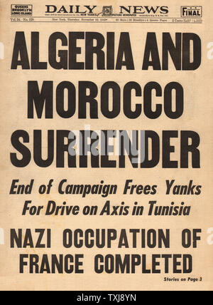 1942 Daily News (New York) Algerien und Marokko Übergabe an die Alliierten Stockfoto