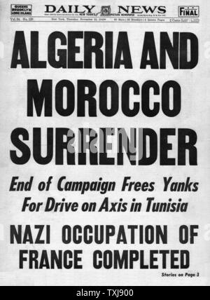 1942 Daily News (New York) Algerien und Marokko Übergabe an die Alliierten Stockfoto