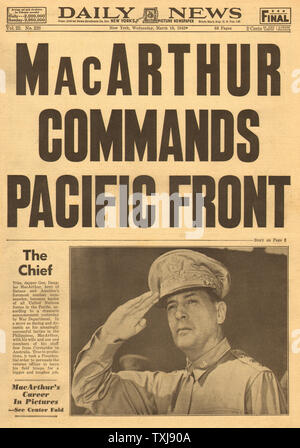 1942 Daily News (New York) General Douglas MacArthur übernimmt das Kommando der pazifischen Krieg Stockfoto