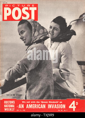 1948 Bild Post Magazine Vorderseite zwei amerikanische Mädchen nach England reisen an Bord der Queen Elizabeth Stockfoto