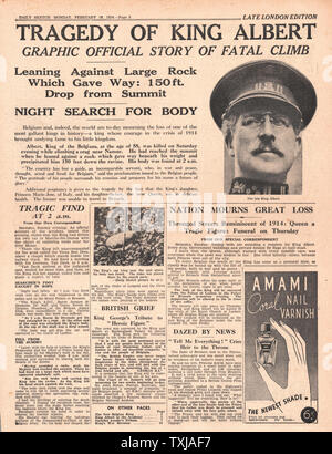 1934 tägliche Skizze Zeitung Startseite Tod von König Albert von Belgien Stockfoto