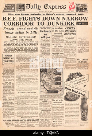 1940 Daily Express Zeitung Titelseite Schlacht von Dünkirchen Stockfoto