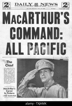 1942 Daily News (New York) General Douglas MacArthur übernimmt das Kommando der pazifischen Krieg Stockfoto