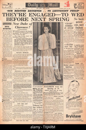 1947 Daily Mail Zeitung Startseite Engagement von Prinzessin Elisabeth mit Philip Mountbatten Stockfoto