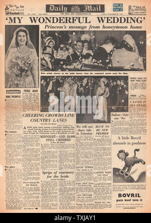 1947 Daily Mail Zeitung Startseite Prinzessin Elizabeth heiratet Philip Mountbatten, Herzog von Edinburgh Stockfoto