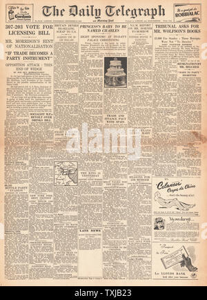 1948 Daily Telegraph Zeitung Startseite Taufe von Prinz Charles Stockfoto