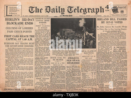 1949 Daily Telegraph Zeitung Titelseite Berliner Luftbrücke Stockfoto