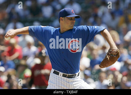 Chicago Cubs, die Krug Randy Wells liefert ein Pitch im ersten Inning gegen die Houston Astros am Wrigley Field in Chicago am 29. Juli 2009. UPI/Brian Kersey Stockfoto