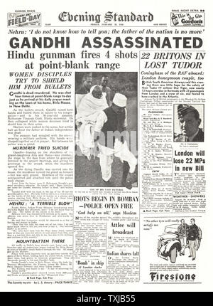 1948 Evening Standard Zeitung Titelseite Mahatma Ghandi ermordet wurde. Stockfoto