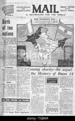 1947 Daily Mail (wöchentliche Ausgabe) Zeitung Startseite Indien und Pakistan die Unabhängigkeit Stockfoto