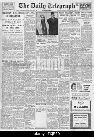 1946 Daily Telegraph Zeitung Titelseite Bombay Unruhen Stockfoto