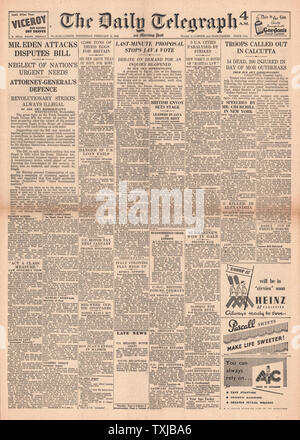 1946 Daily Telegraph Zeitung Titelseite Bombay Unruhen Stockfoto