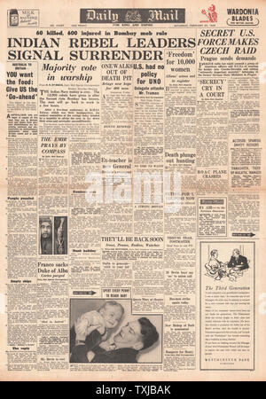 1946 Daily Mail Zeitung Titelseite Bombay Unruhen Stockfoto