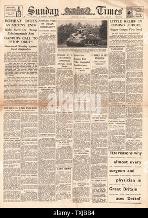 1946 Zeitung Sunday Times Vorderseite Bombay Unruhen Stockfoto