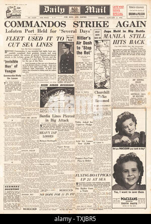 1942 Front Page Daily Mail British Commandos raid die Lofoten und Schlacht um Manila Stockfoto