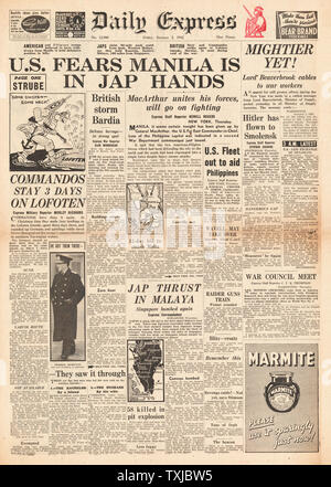 1942 Front Page Daily Express Schlacht um Manila und British Commandos raid die Lofoten Stockfoto