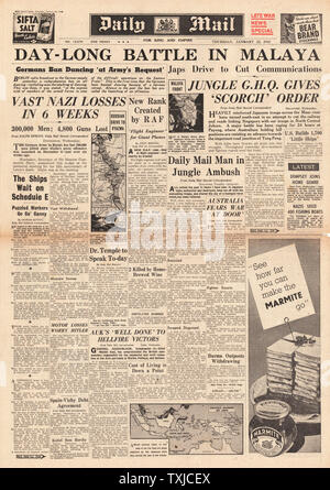 1942 Front Page Daily Mail Kampf um Malaya Stockfoto