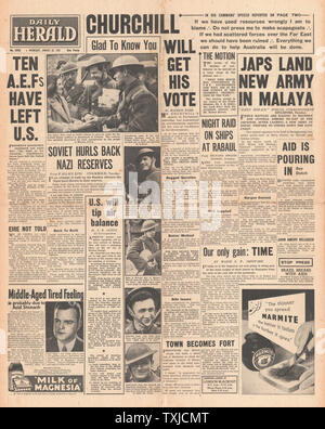 1942 Front Page Daily Herald Mehr japanische Truppen landen in Malaya und RAF Angriff japanischer Versand Stockfoto