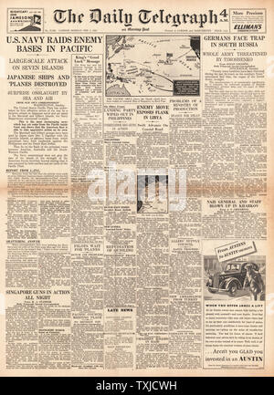 1942 Front Page Daily Telegraph U.S. Navy bombardiert Südseeinseln Stockfoto