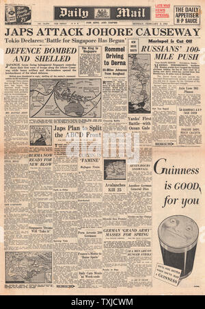 1942 Front Page Daily Mail Schlacht um Singapur Stockfoto