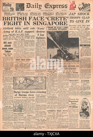 1942 Front Page Daily Express Schlacht um Singapur Stockfoto