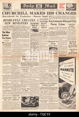 1942 Front Page Daily Mail Churchill verkündet Kabinettsumbildung Stockfoto