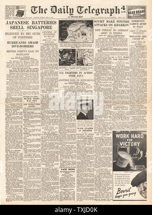 1942 Front Page Daily Telegraph Schlacht um Singapur, Java und Charkow Stockfoto