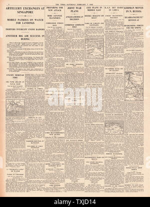 1942 Front Page die Zeiten Schlacht um Singapur und RAF-Bombe Libyen Stockfoto