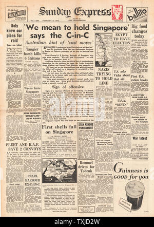 1942 Front page Sunday Express Allgemeine Percival sagt "Wir werden Singapur" halten Stockfoto