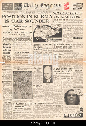 1942 Front Page Daily Express Schlacht für Birma und Singapur Stockfoto