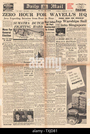 1942 Front Page Daily Mail Schlacht für Sumatra und japanische Kriegsschiffe Segel in Singapur Stockfoto