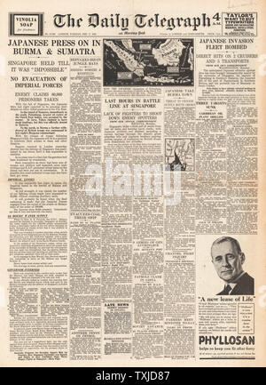 1942 Front Page Daily Telegraph japanischen Streitkräfte voraus in Birma und Sumatra Stockfoto