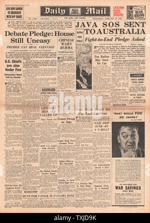 1942 Front Page Daily Mail Schlacht für Java und Spannungen im Unterhaus Stockfoto
