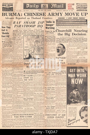 1942 Front Page Daily Mail Allied und Chinesische Truppen Masse in Birma Stockfoto