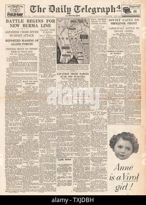 1942 Front Page Daily Telegraph Schlacht für Birma und Sumatra Stockfoto