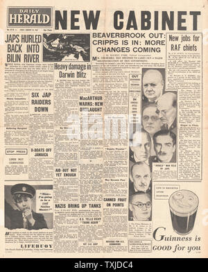 1942 Front Page Daily Herald Britische Regierung Kabinettsumbildung und Kampf für Birma Stockfoto