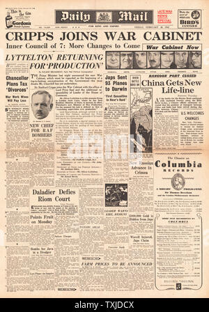 1942 Front Page Daily Mail Britische Regierung Kabinettsumbildung und Kampf für Birma Stockfoto