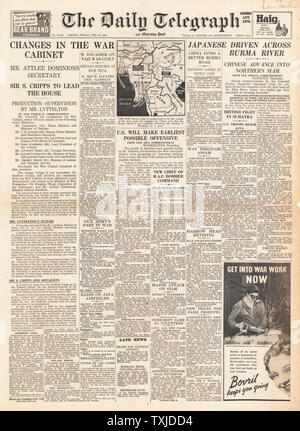 1942 Front Page Daily Telegraph Britische Regierung Kabinettsumbildung und Kampf für Birma Stockfoto